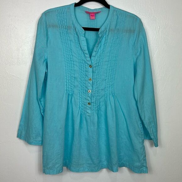 Lilly Pulitzer Sarasota Linen Pleated Tunic Top In Turquoise Size S - Picture 1 of 9